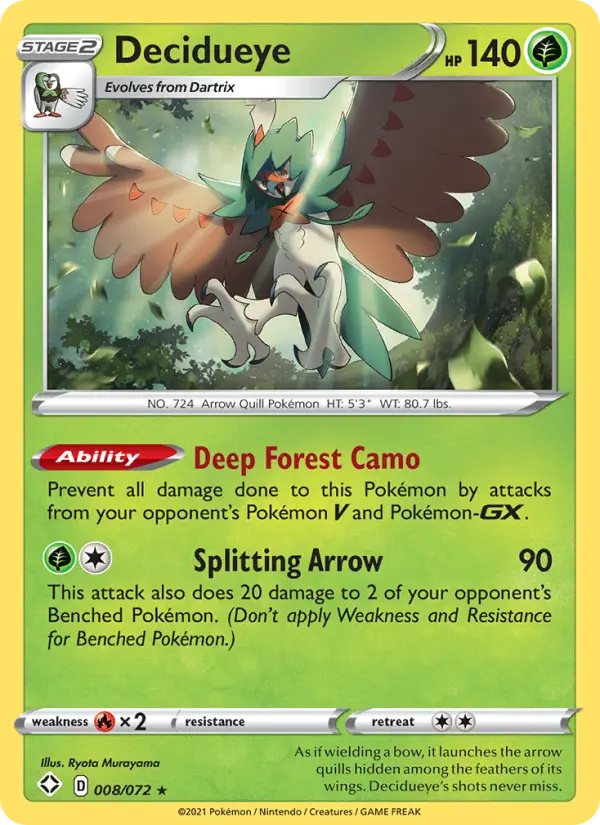 Decidueye Rare Pokemon card #8 from Shining Fates