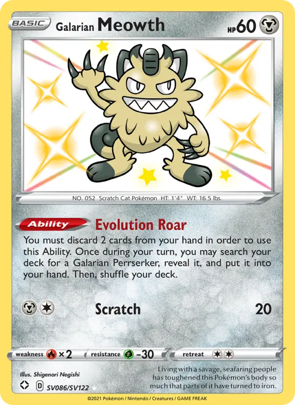 Galarian Meowth Shiny rare Pokemon card #SV086 from Shining Fates