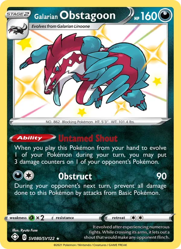 Galarian Obstagoon Shiny rare Pokemon card #SV080 from Shining Fates