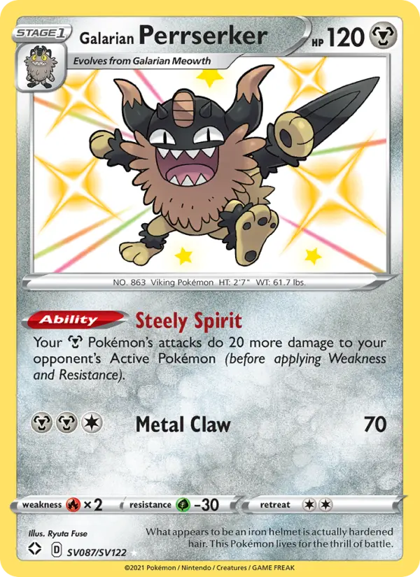 Galarian Perrserker Shiny rare Pokemon card #SV087 from Shining Fates
