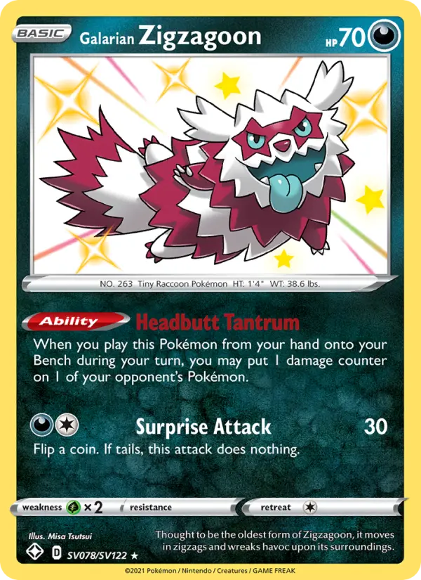 Galarian Zigzagoon Shiny rare Pokemon card #SV078 from Shining Fates