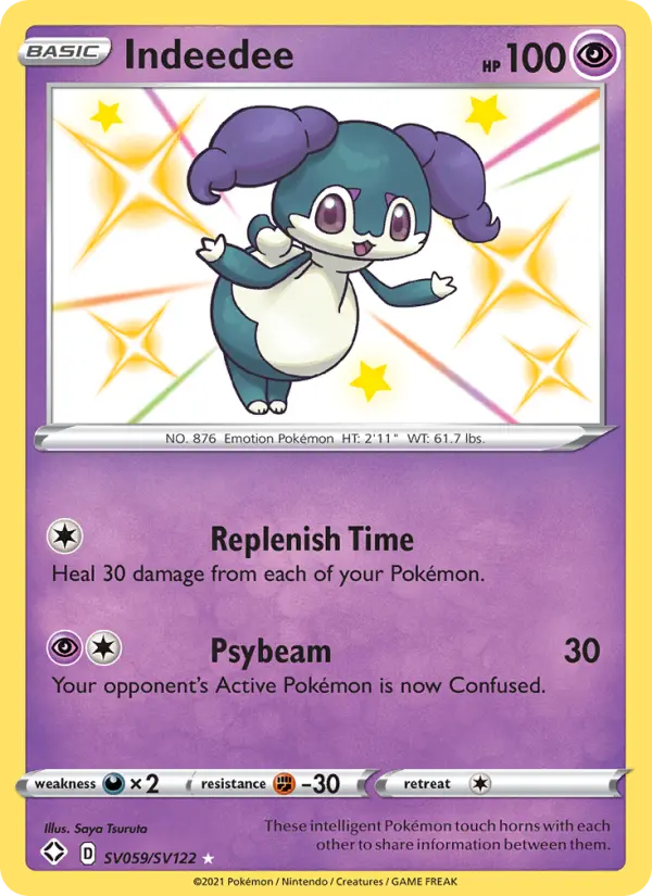 Indeedee Shiny rare Pokemon card #SV059 from Shining Fates