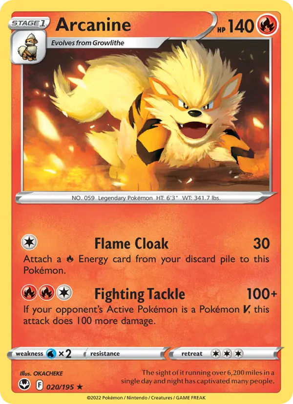 Arcanine Rare Pokemon card #020 from Silver Tempest