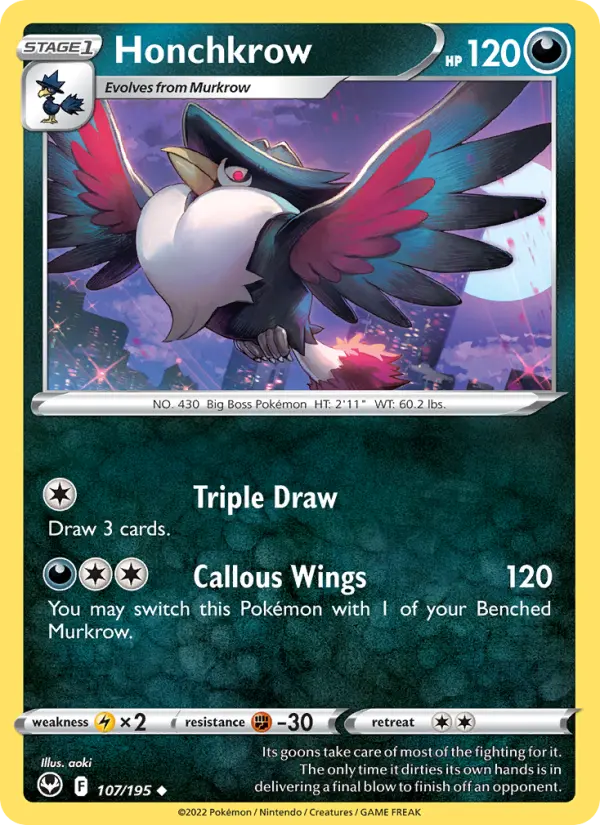 Honchkrow Uncommon Pokemon card #107 from Silver Tempest