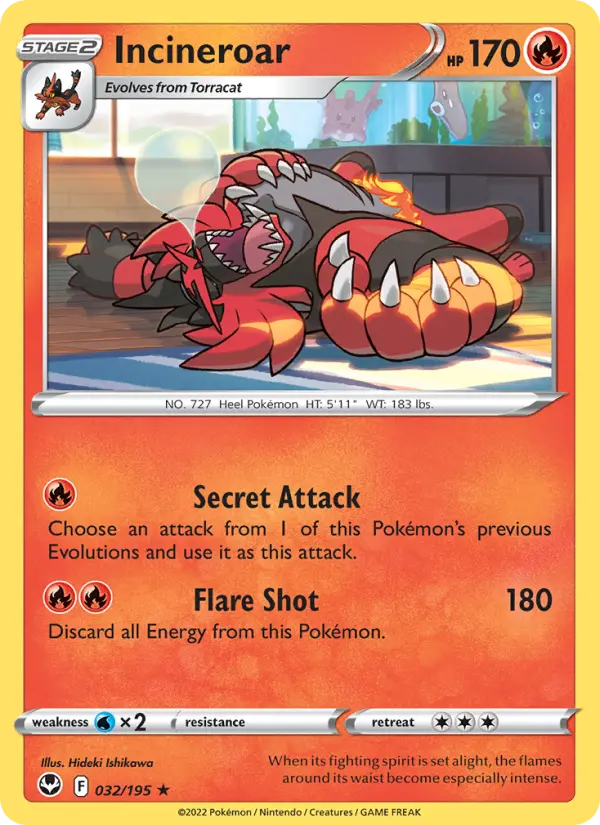 Incineroar Rare Pokemon card #032 from Silver Tempest