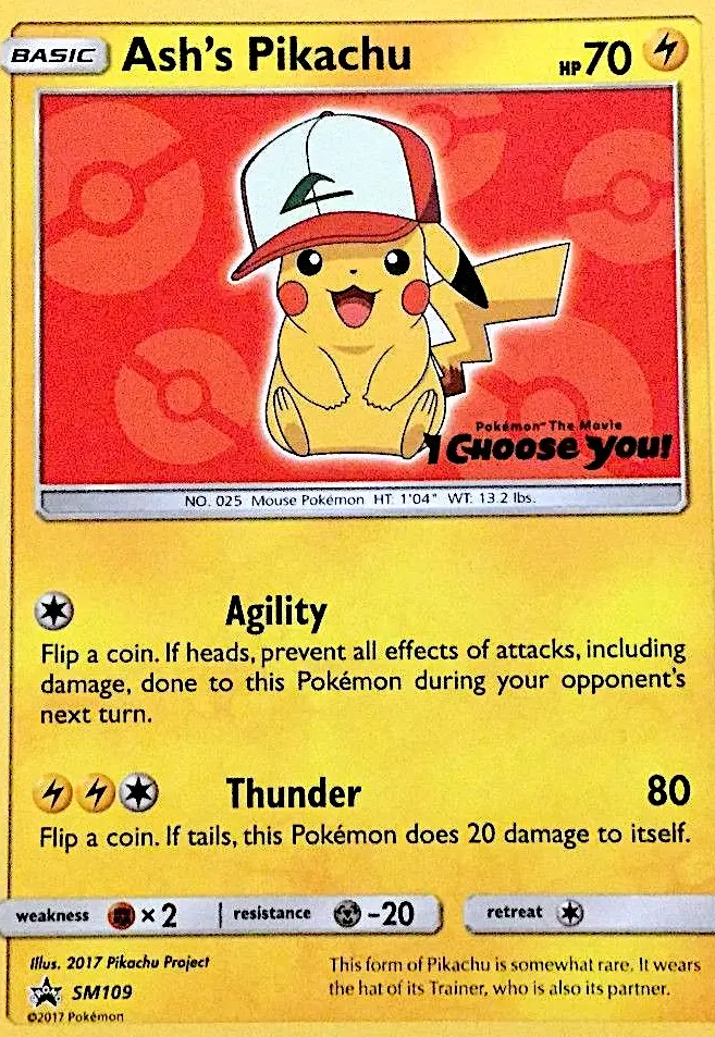 Ash's Pikachu Common Pokemon card #SM109 from SM Black Star Promos