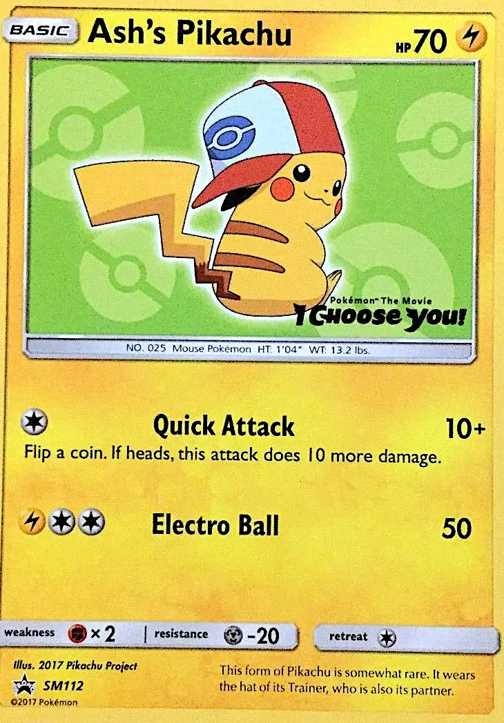 Ash's Pikachu Common Pokemon card #SM112 from SM Black Star Promos