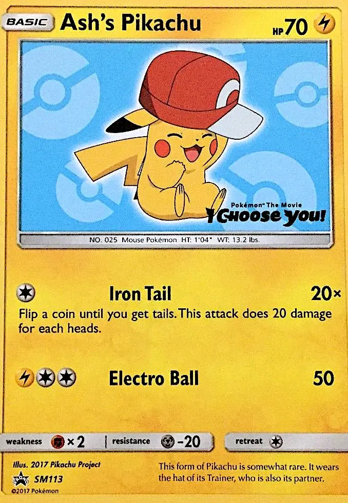 Ash's Pikachu Common Pokemon card #SM113 from SM Black Star Promos