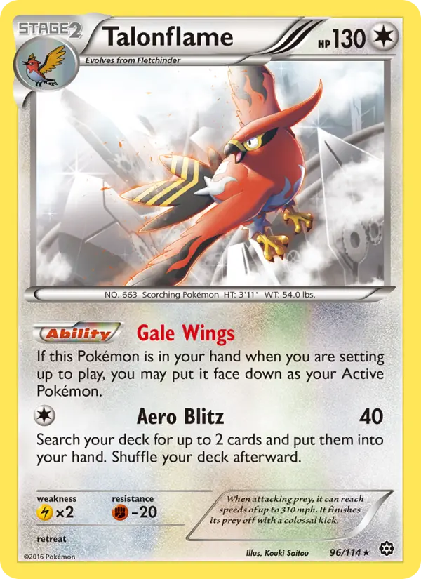 Talonflame Rare Pokemon card #96 from Steam Siege