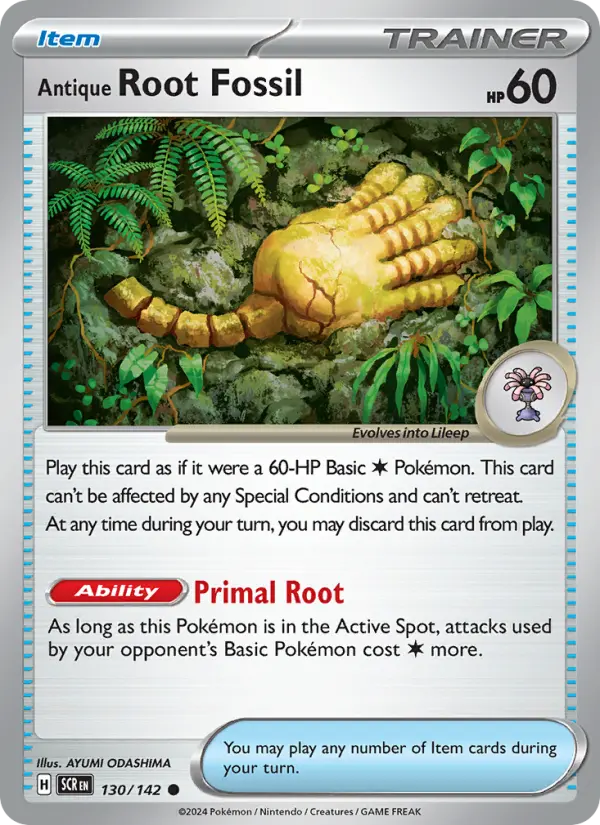 Antique Root Fossil Common Pokemon card #130 from Stellar Crown