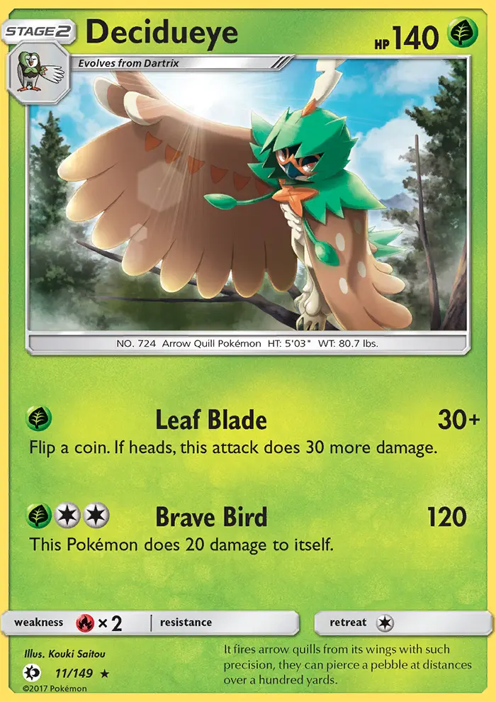 Decidueye Rare Pokemon card #11 from Sun & Moon