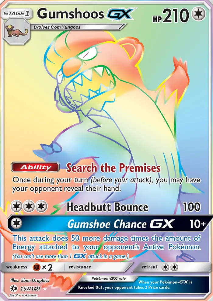 Gumshoos GX Secret Rare Pokemon card #157 from Sun & Moon