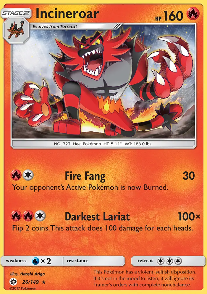 Incineroar Rare Pokemon card #26 from Sun & Moon
