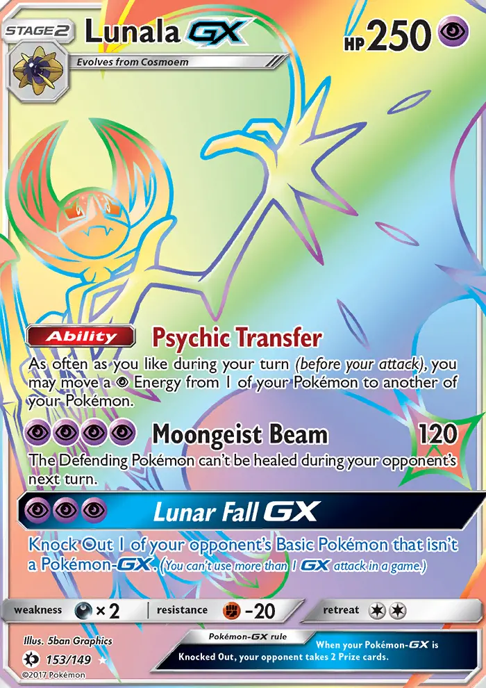 Lunala GX Secret Rare Pokemon card #153 from Sun & Moon