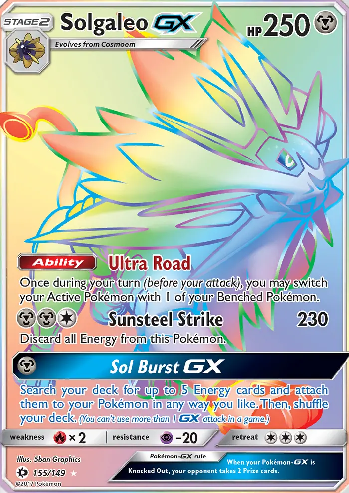 Solgaleo GX Secret Rare Pokemon card #155 from Sun & Moon