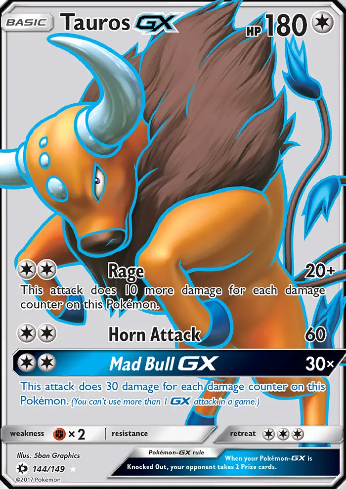 Tauros GX Ultra Rare Pokemon card #144 from Sun & Moon