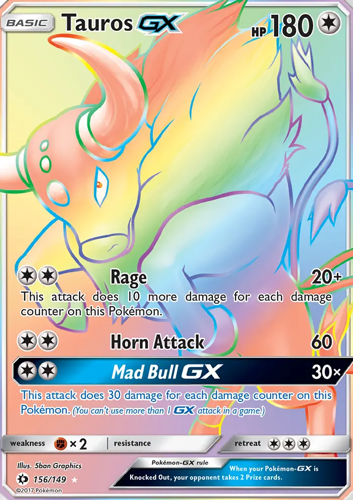 Tauros GX Secret Rare Pokemon card #156 from Sun & Moon