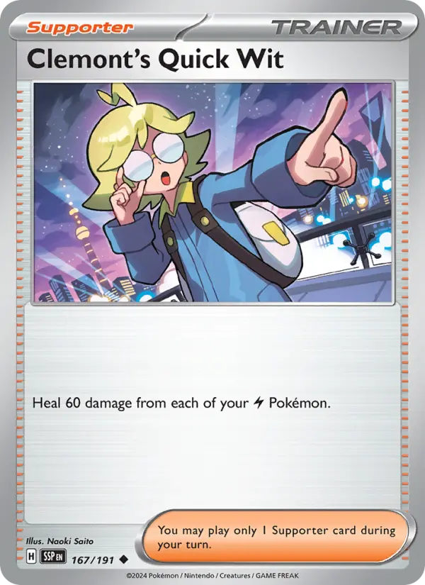 Clemont's Quick Wit Uncommon Pokemon card #167 from Surging Sparks
