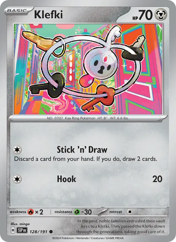 Klefki Common Pokemon card #128 from Surging Sparks