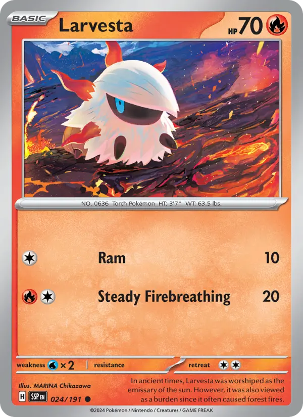 Larvesta Common Pokemon card #024 from Surging Sparks