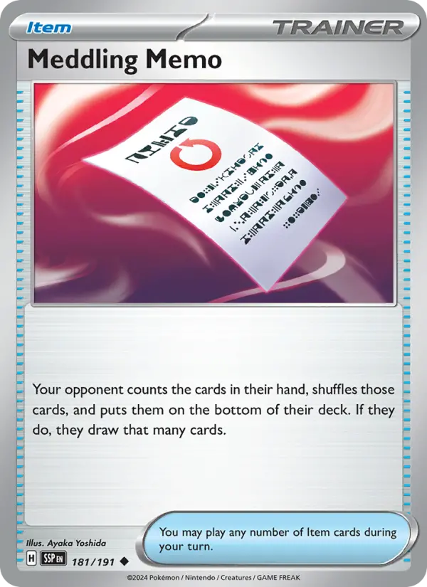 Meddling Memo Uncommon Pokemon card #181 from Surging Sparks