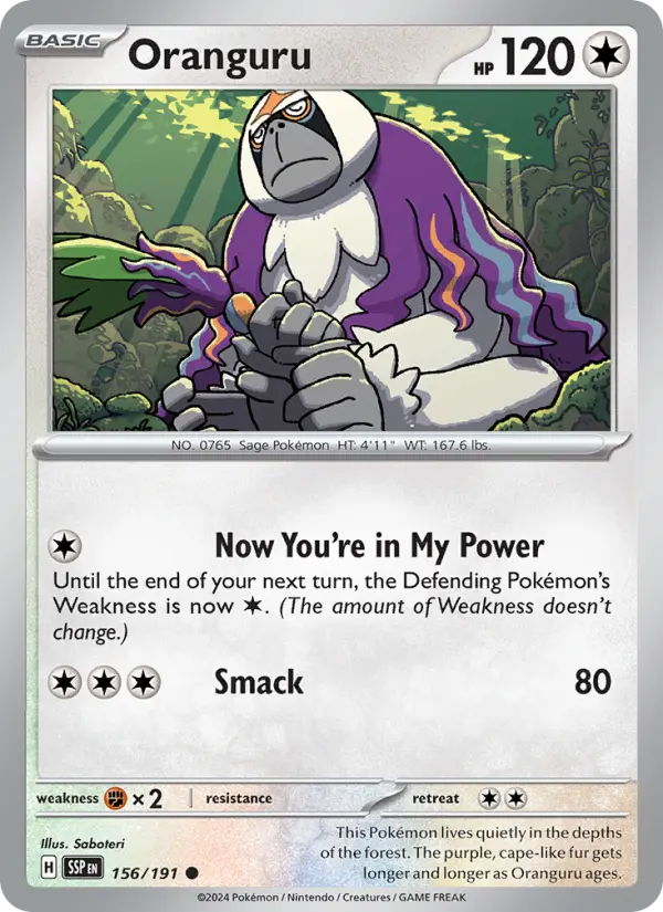 Oranguru Common Pokemon card #156 from Surging Sparks