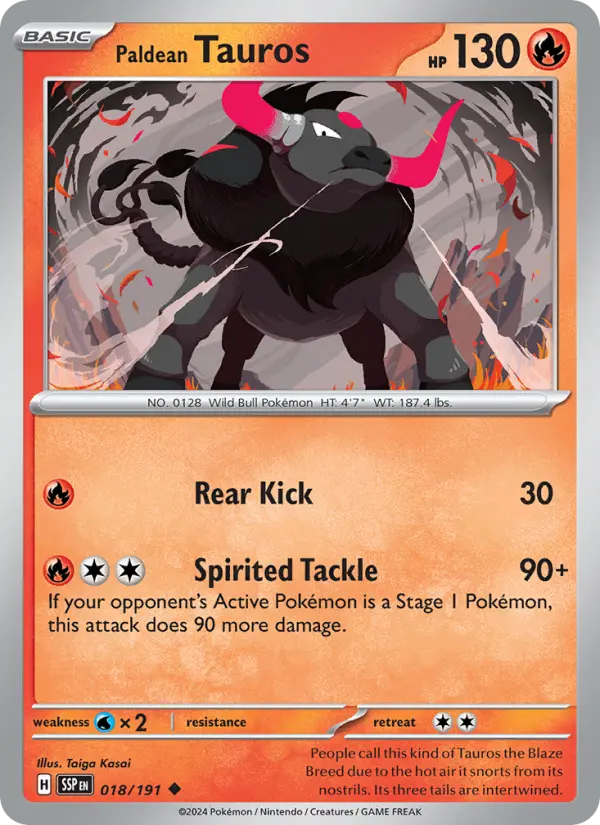 Paldean Tauros Uncommon Pokemon card #018 from Surging Sparks