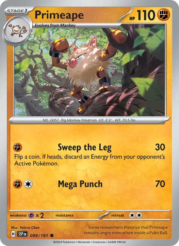 Primeape Common Pokemon card #099 from Surging Sparks