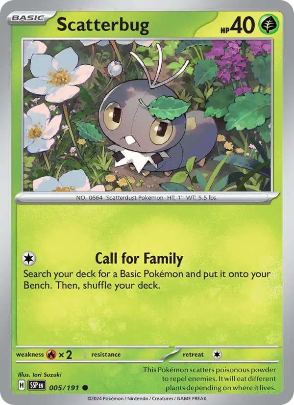 Scatterbug Common Pokemon card #005 from Surging Sparks