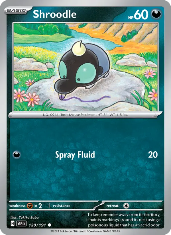 Shroodle Common Pokemon card #120 from Surging Sparks