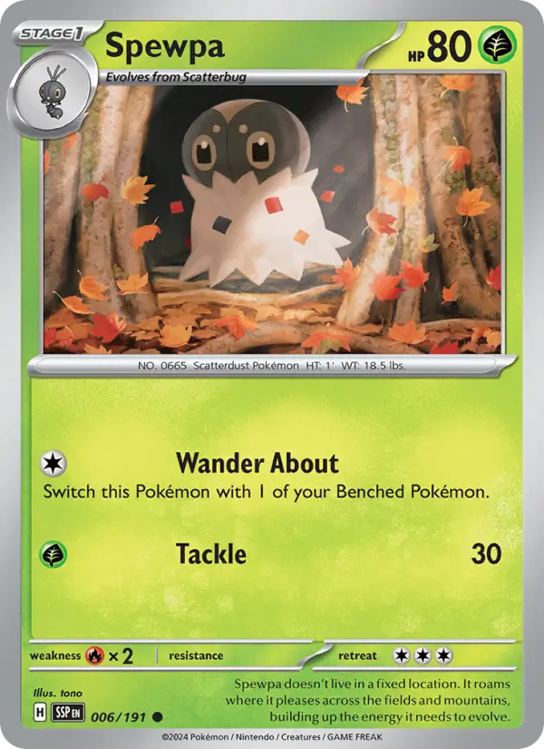 Spewpa Common Pokemon card #006 from Surging Sparks