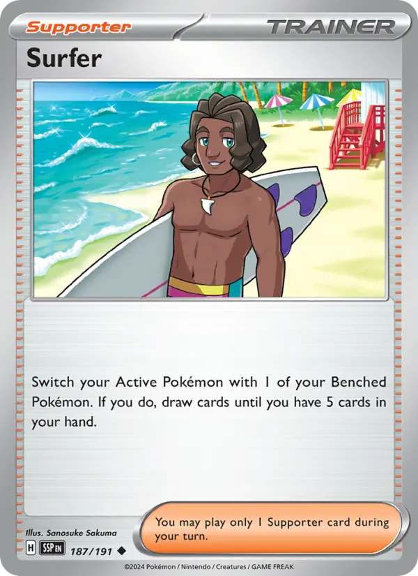 Surfer Uncommon Pokemon card #187 from Surging Sparks