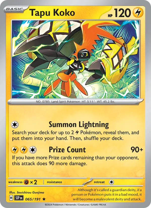 Tapu Koko Rare Pokemon card #065 from Surging Sparks
