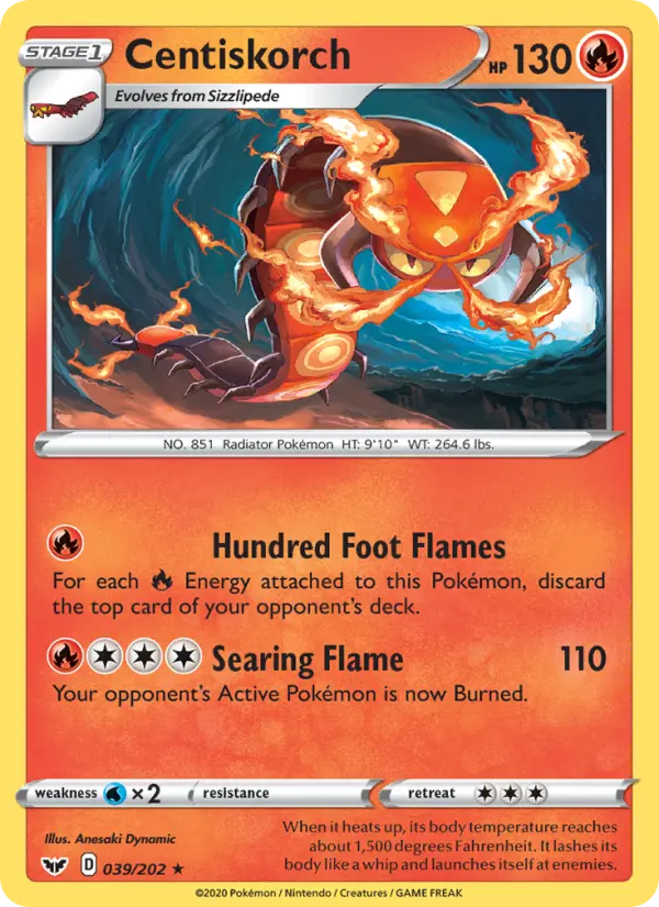 Centiskorch Rare Pokemon card #39 from Sword & Shield