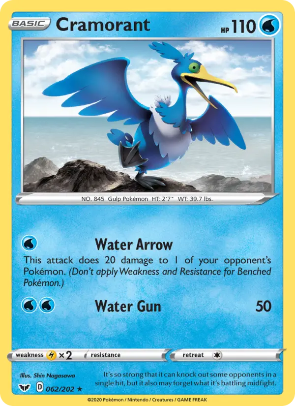 Cramorant Rare Pokemon card #62 from Sword & Shield