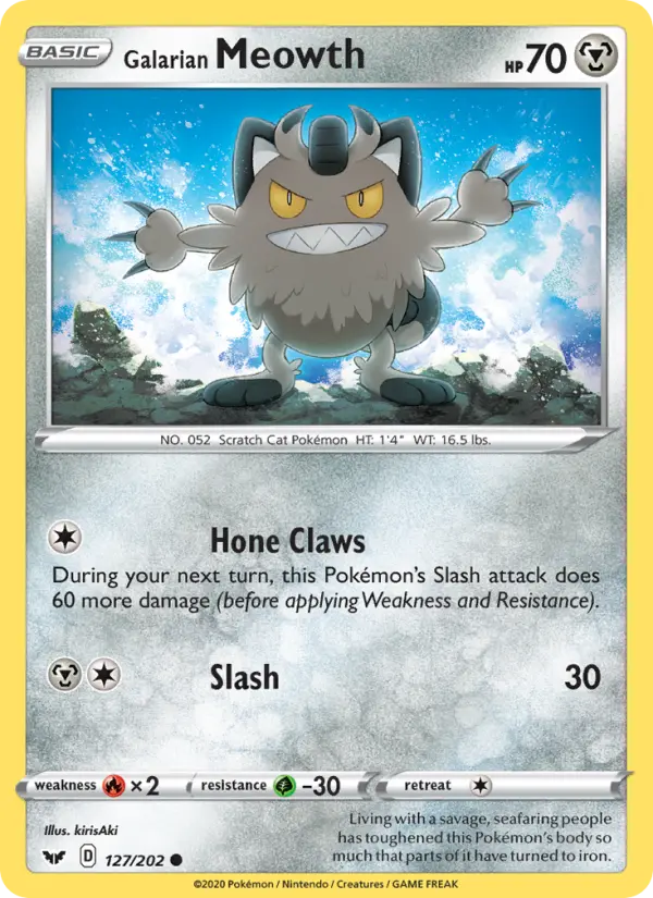 Galarian Meowth Common Pokemon card #127 from Sword & Shield