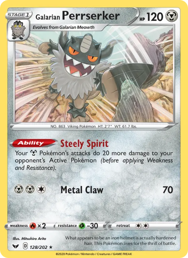 Galarian Perrserker Holo Rare Pokemon card #128 from Sword & Shield
