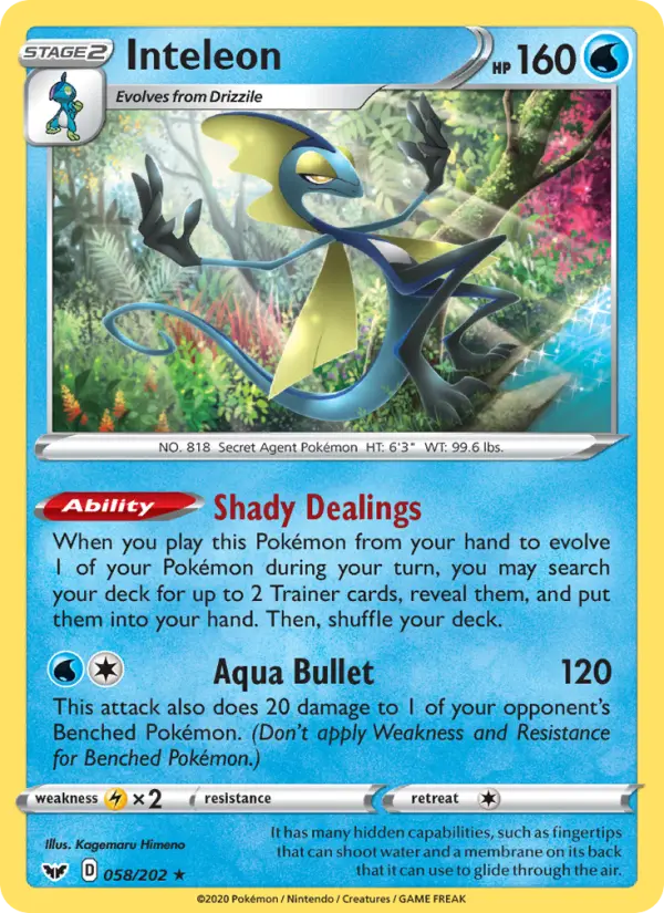 Inteleon Holo Rare Pokemon card #58 from Sword & Shield