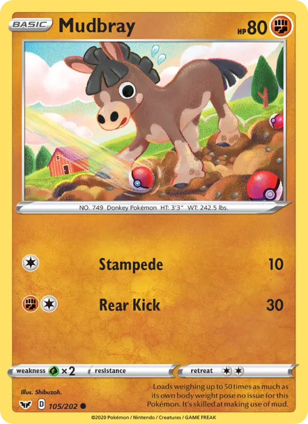 Mudbray Common Pokemon card #105 from Sword & Shield