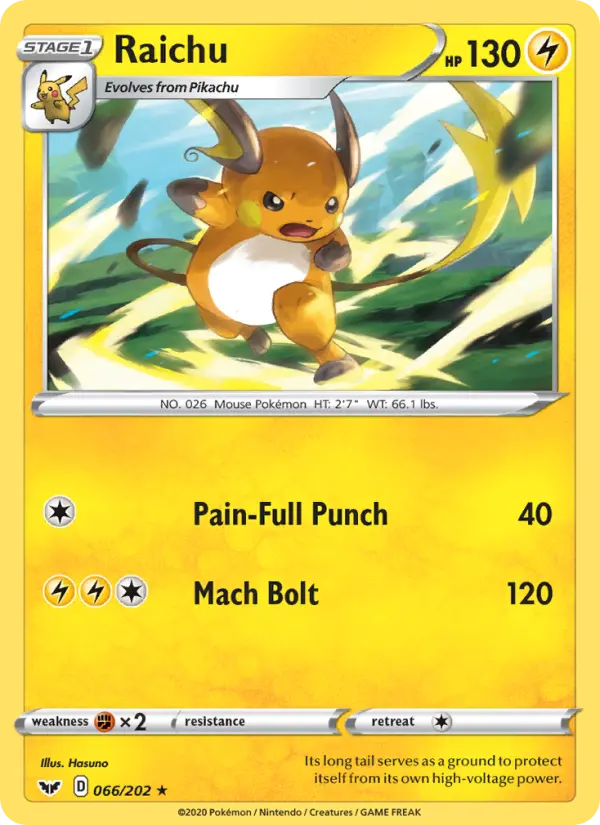 Raichu Rare Pokemon card #66 from Sword & Shield