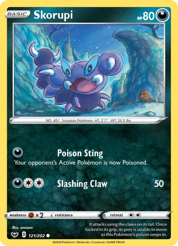 Skorupi Common Pokemon card #121 from Sword & Shield