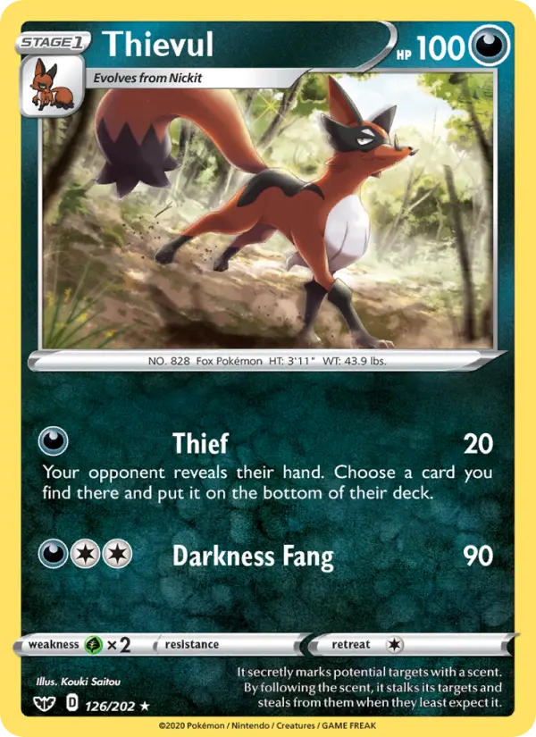 Thievul Rare Pokemon card #126 from Sword & Shield