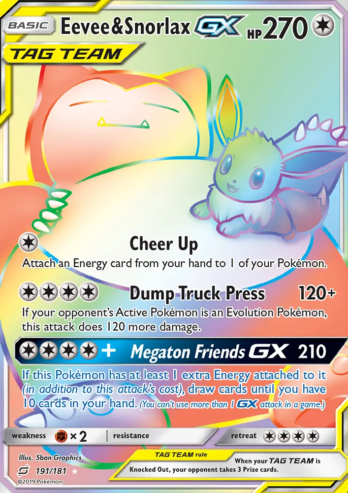 Eevee & Snorlax GX Secret Rare Pokemon card #191 from Team Up