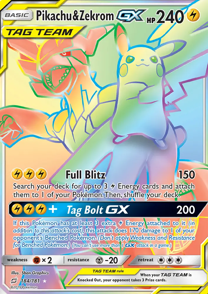 Pikachu & Zekrom GX Secret Rare Pokemon card #184 from Team Up