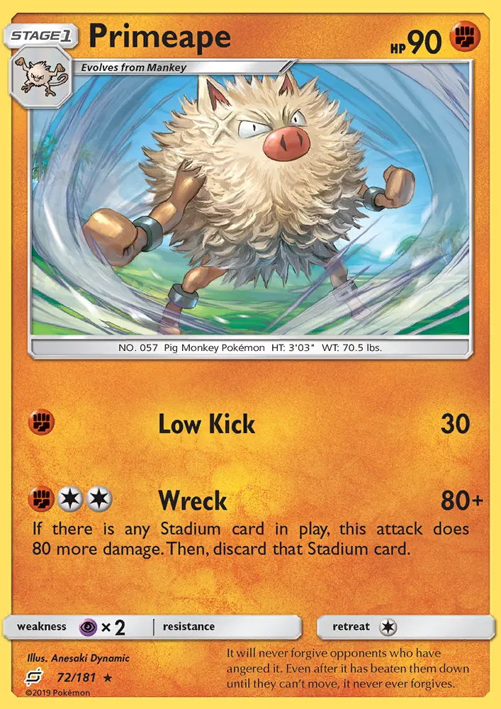 Primeape Rare Pokemon card #72 from Team Up