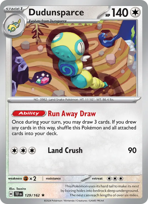 Dudunsparce Rare Pokemon card #129 from Temporal Forces