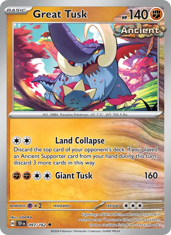 Great Tusk Uncommon Pokemon card #097 from Temporal Forces