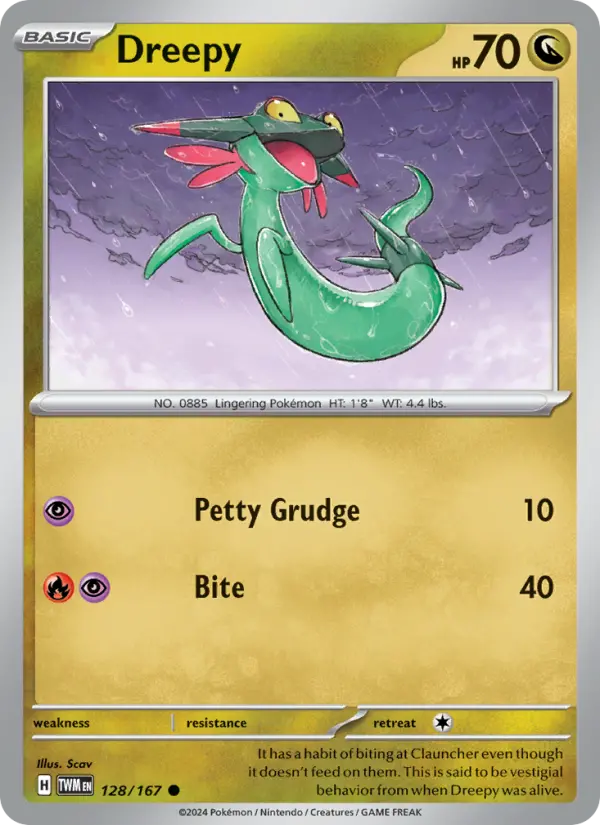 Dreepy Common Pokemon card #128 from Twilight Masquerade