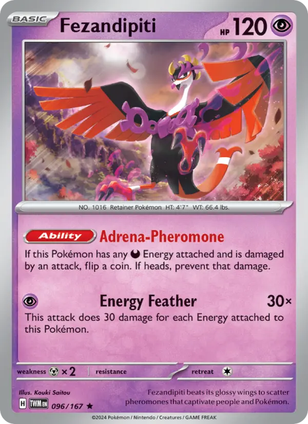 Fezandipiti Rare Pokemon card #096 from Twilight Masquerade