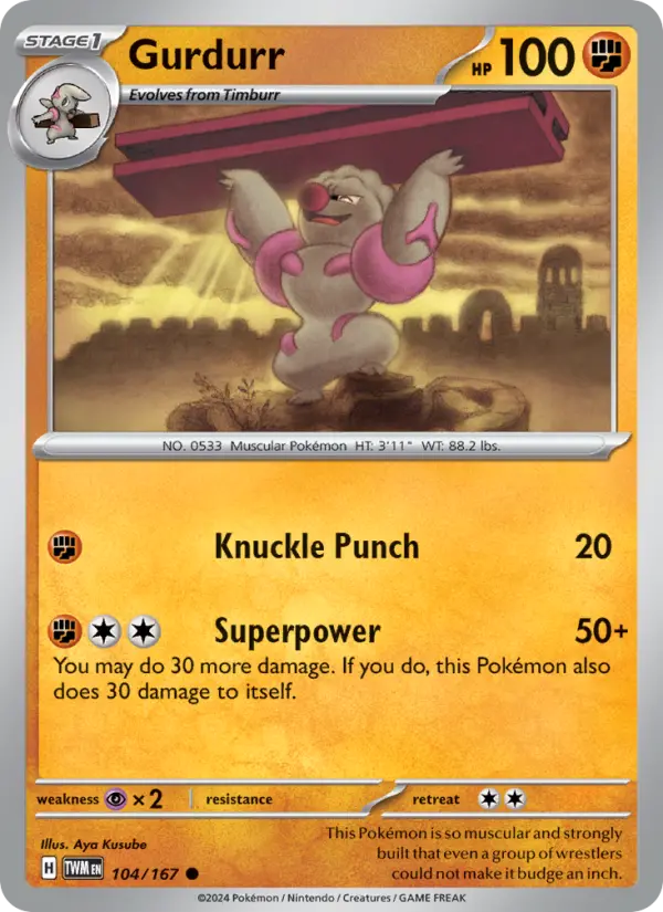 Gurdurr Common Pokemon card #104 from Twilight Masquerade